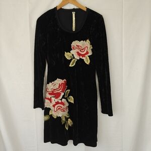 Anthropologie Uncle Frank Mini Dress Crushed Velvet Black Embroidery Rose SM